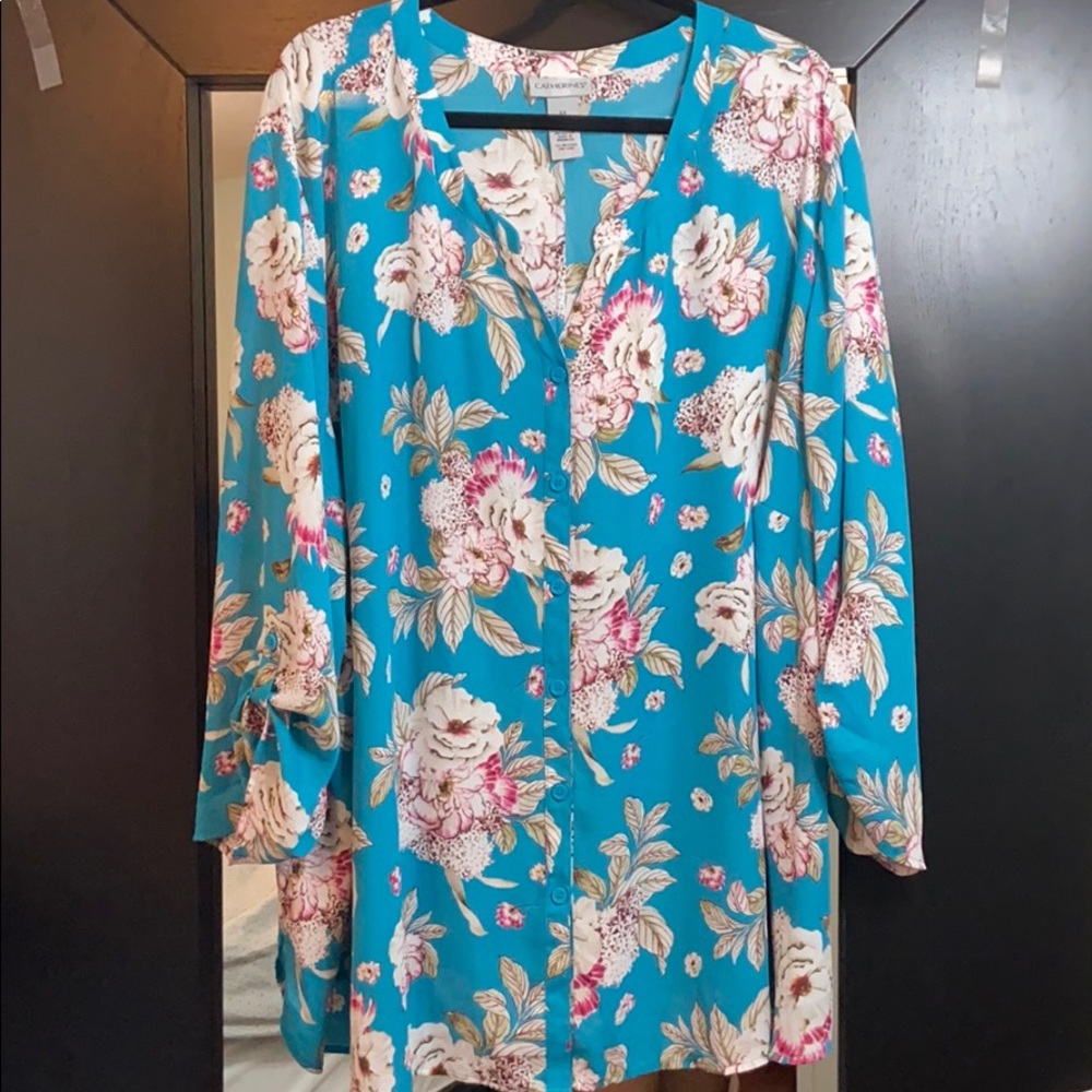 Catherine’s Floral Aqua Blue Tunic Blouse 5x 34 36